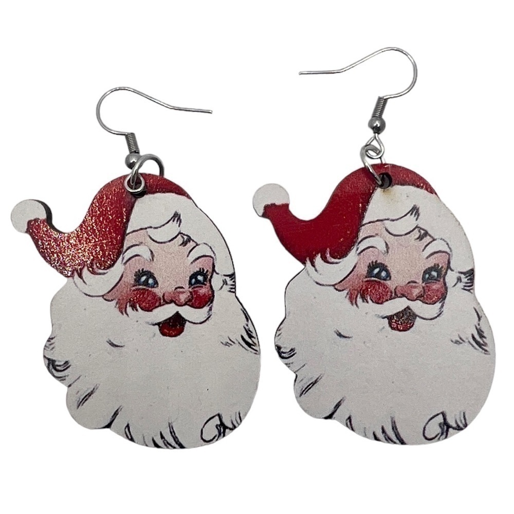 Vintage Red Retro Santa Claus Head Wooden Dangle Earrings